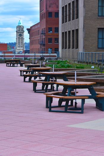Picnic tables are lined up on a pink patio.